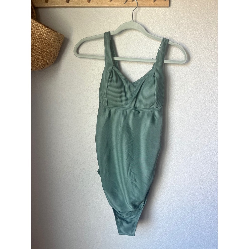 Cupshe Sage Green Ribbed One Piece Swimsuit V-Neck Criss Cross Back Size L NEW